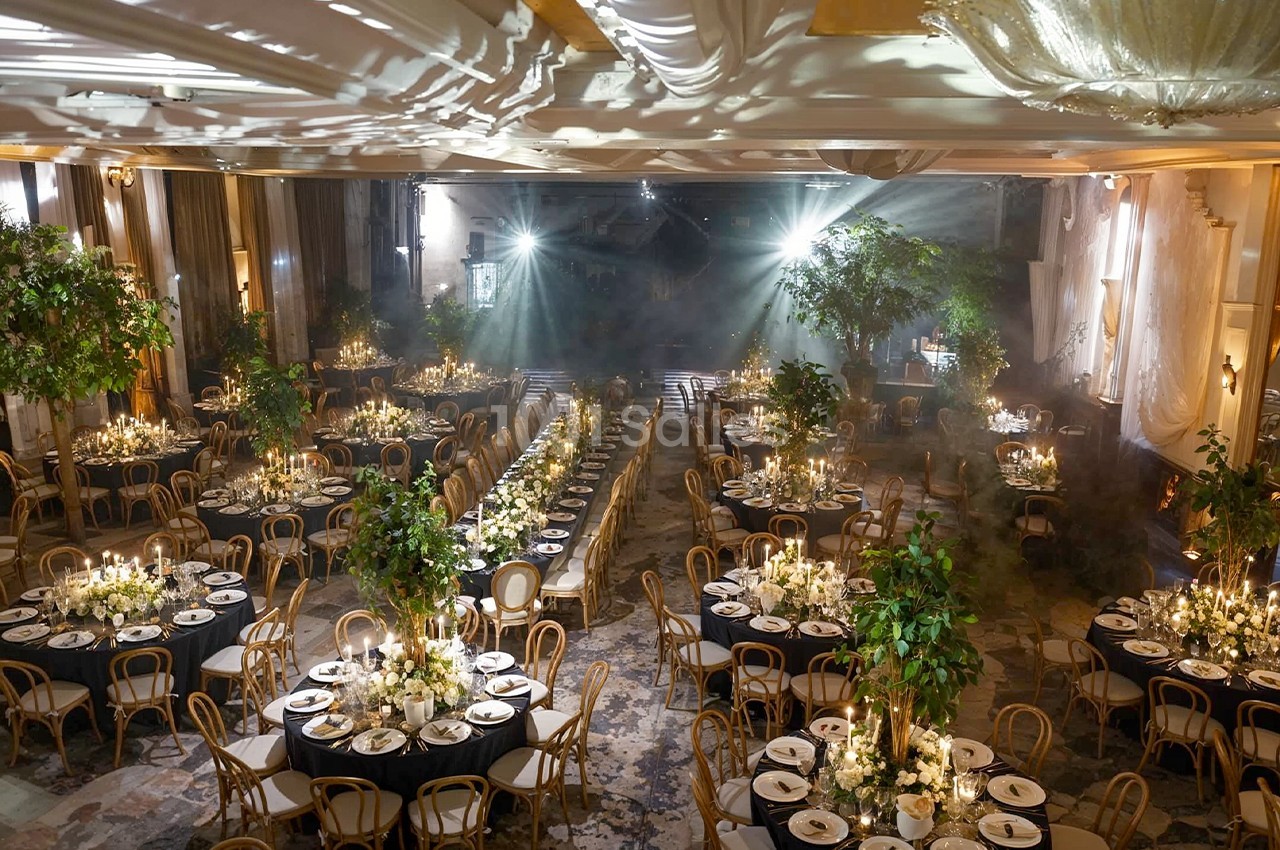 Salle de réception élégamment décorée avec des tables rondes, des chandeliers et des plantes vertes sous un éclairage tamisé.