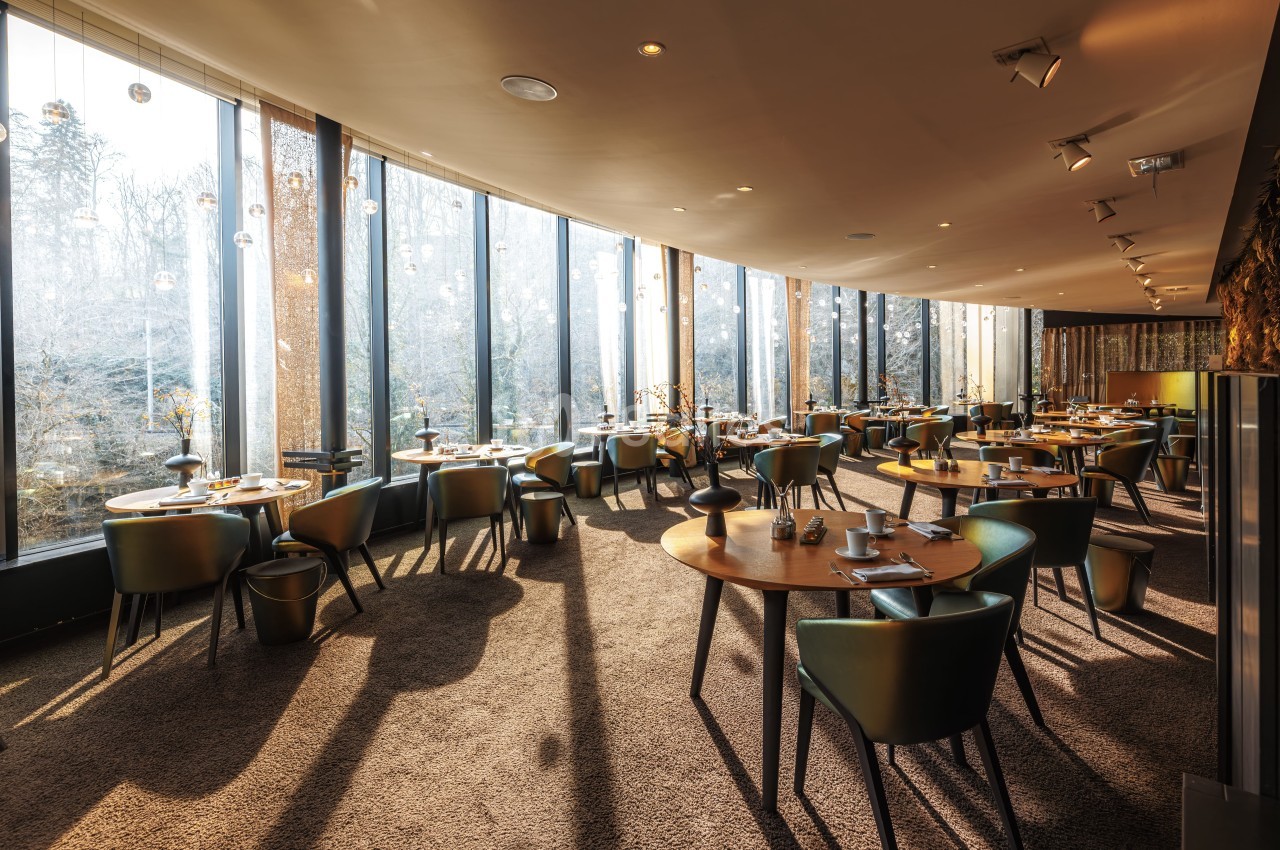 Salle de restaurant lumineuse avec de grandes baies vitrées, tables en bois et chaises modernes, vue sur un paysage boisé.