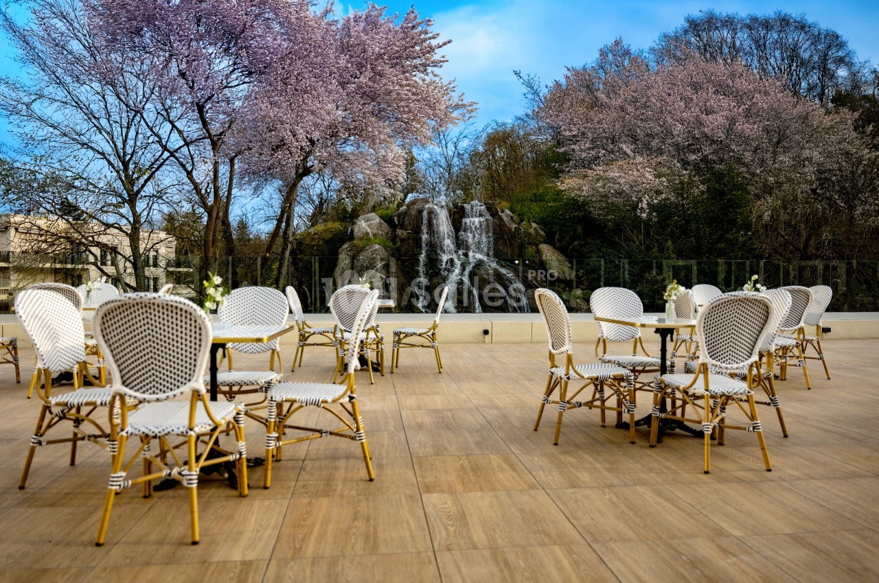 Terrasse avec chaises en rotin, tables dressées et vue sur une cascade entourée d'arbres en fleurs.