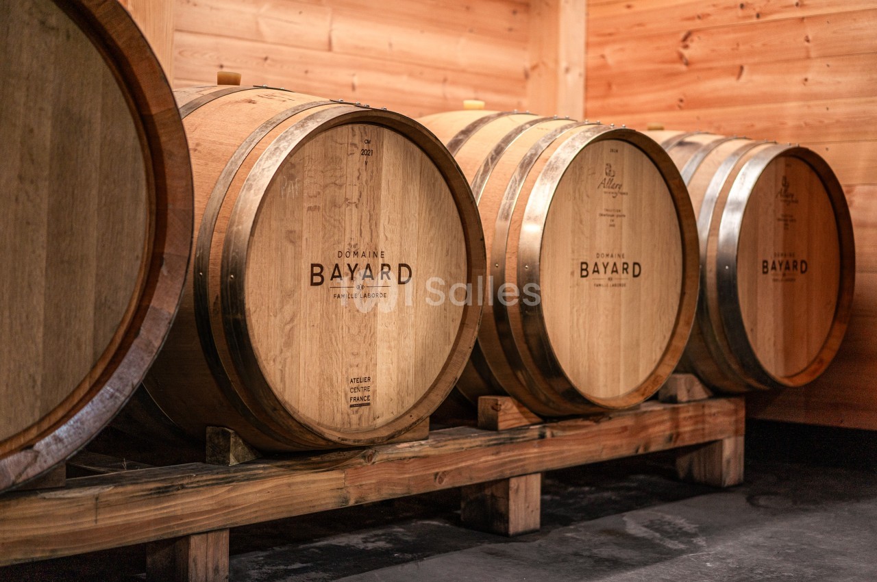 Trois fûts en bois alignés dans une cave, marqués ’Domaine Bayard’, sur un sol en béton et entourés de murs en bois.