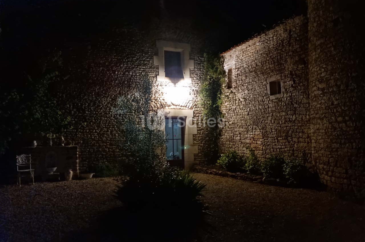 Façade en pierre éclairée la nuit, avec une porte vitrée centrale et des plantes au premier plan.
