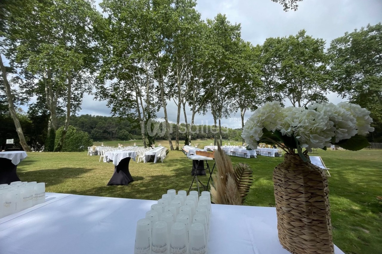 Tables dressées et décorations florales sur une pelouse verdoyante, entourée d'arbres et d'un paysage naturel.