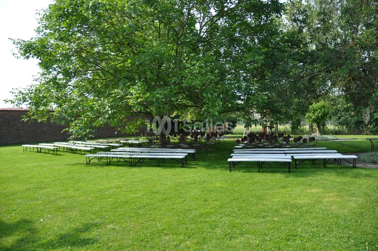 Des tables et bancs installés sous des arbres sur une pelouse, dans un espace extérieur calme et verdoyant.
