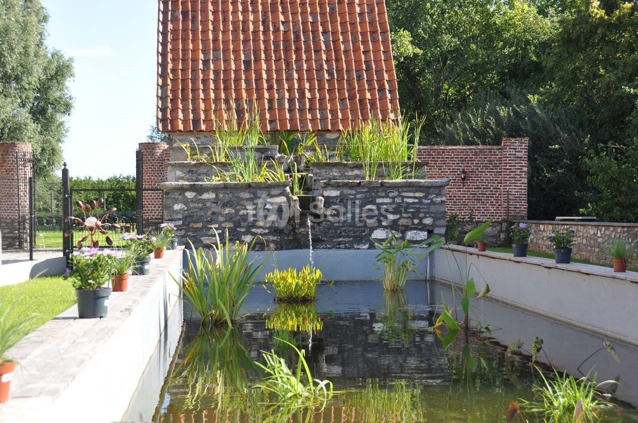 Petit bassin rectangulaire avec plantes aquatiques, devant un mur en pierre et une petite bâtisse en briques.