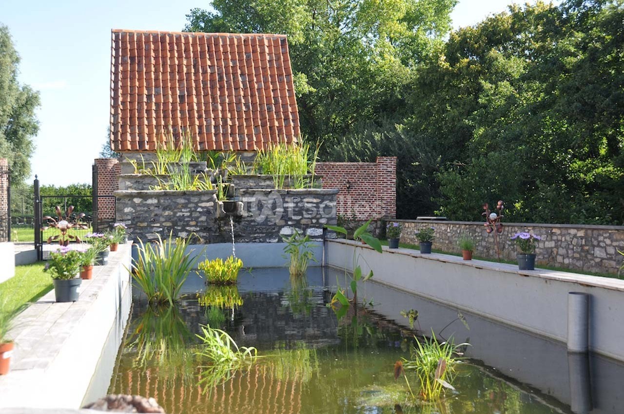 Bassin rectangulaire avec plantes aquatiques, bordé de murs en pierre et d'un bâtiment en briques au toit rouge.