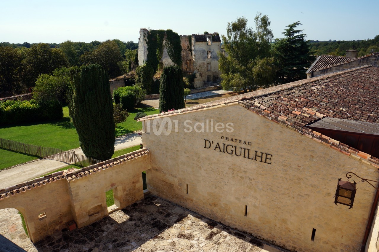 Vue d'un château en pierre avec des ruines à l'arrière-plan, entouré de verdure et d'arbres.