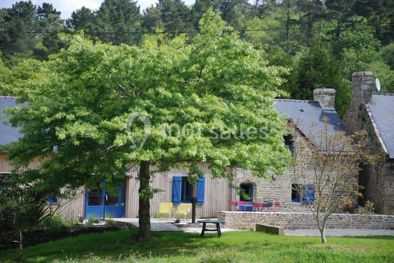 Maison en pierre avec volets bleus, entourée de verdure et d'arbres, sous un ciel légèrement couvert.