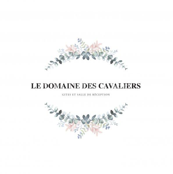 Illustration d'un logo avec des branches de feuillage pastel entourant le texte ’Le Domaine des Cavaliers’.