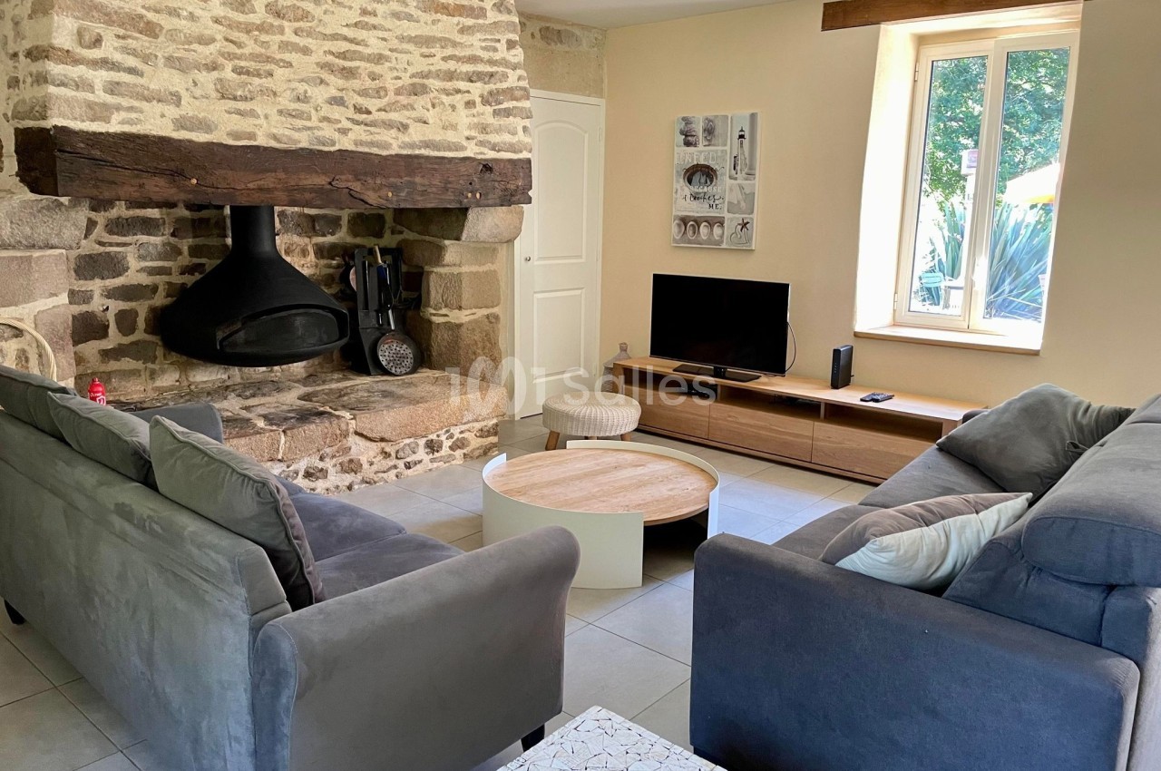 Salon avec cheminée en pierre, canapé gris, table basse ronde, télévision et fenêtre laissant entrer la lumière naturelle.