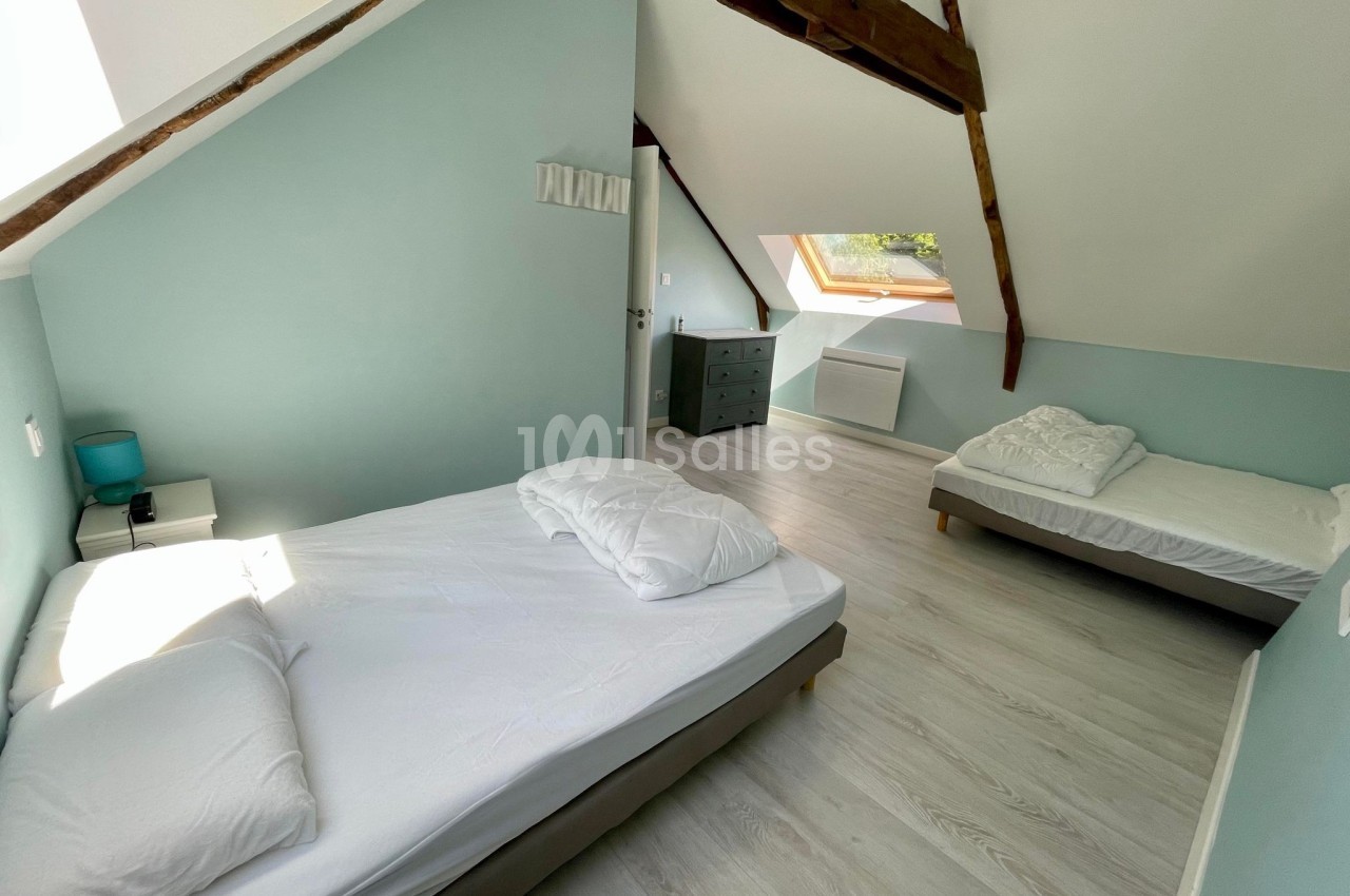 Chambre mansardée avec deux lits, parquet clair, murs bleus et poutres apparentes, éclairée par une fenêtre de toit.