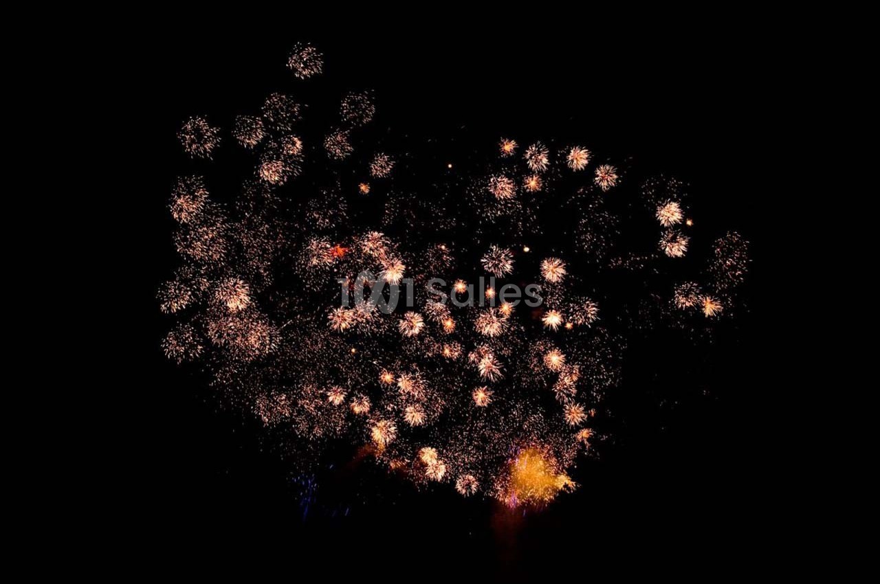 Feux d’artifice illuminant le ciel nocturne avec des éclats de lumière dorée et orange.