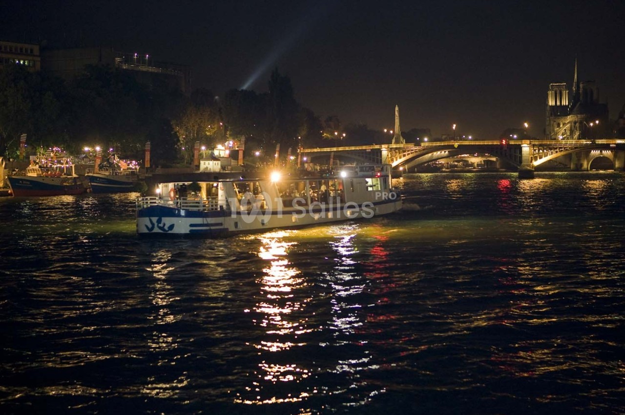 Bateau illuminé naviguant sur la Seine la nuit, avec un pont et des bâtiments éclairés en arrière-plan.