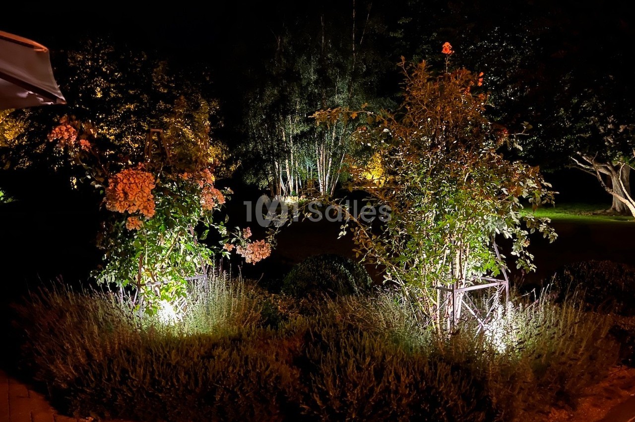Massif de fleurs éclairé la nuit, entouré de végétation et d'arbres dans un jardin sombre.