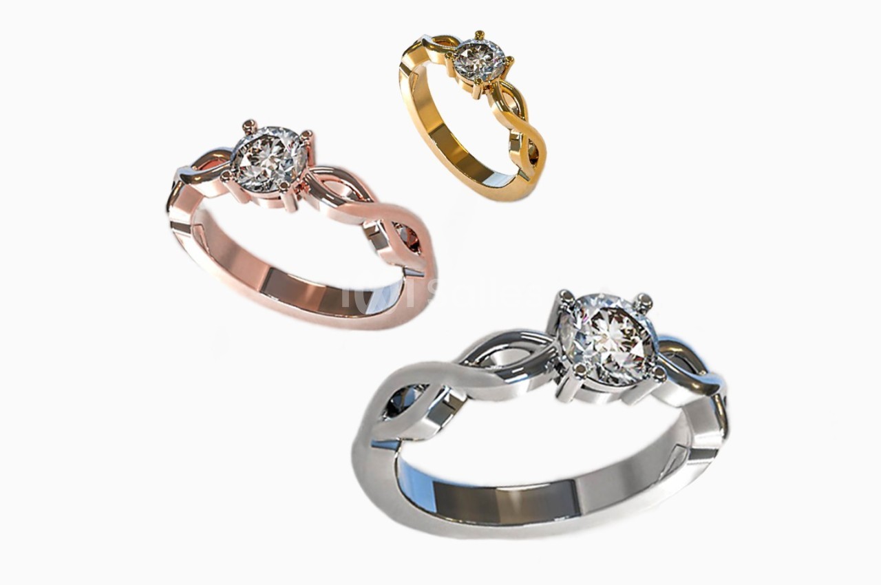 Trois bagues en or blanc, rose et jaune avec un diamant central et un design entrelacé.