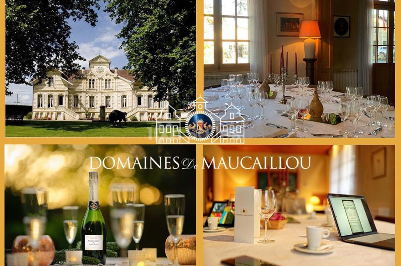 Château entouré d'arbres, table élégamment dressée, bouteille de champagne et espace de travail avec ordinateur.