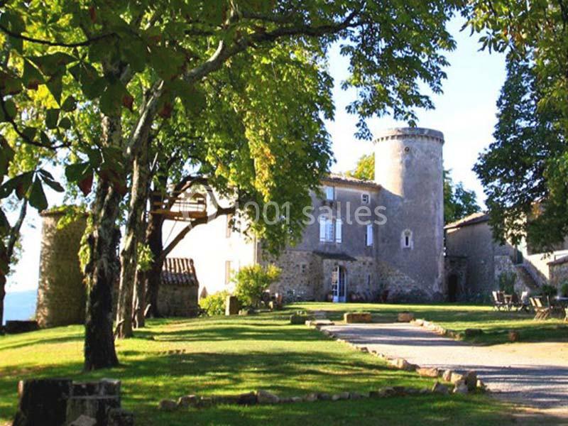 Château en pierre entouré d'arbres et de pelouses, avec une tour ronde et un chemin ensoleillé au premier plan.