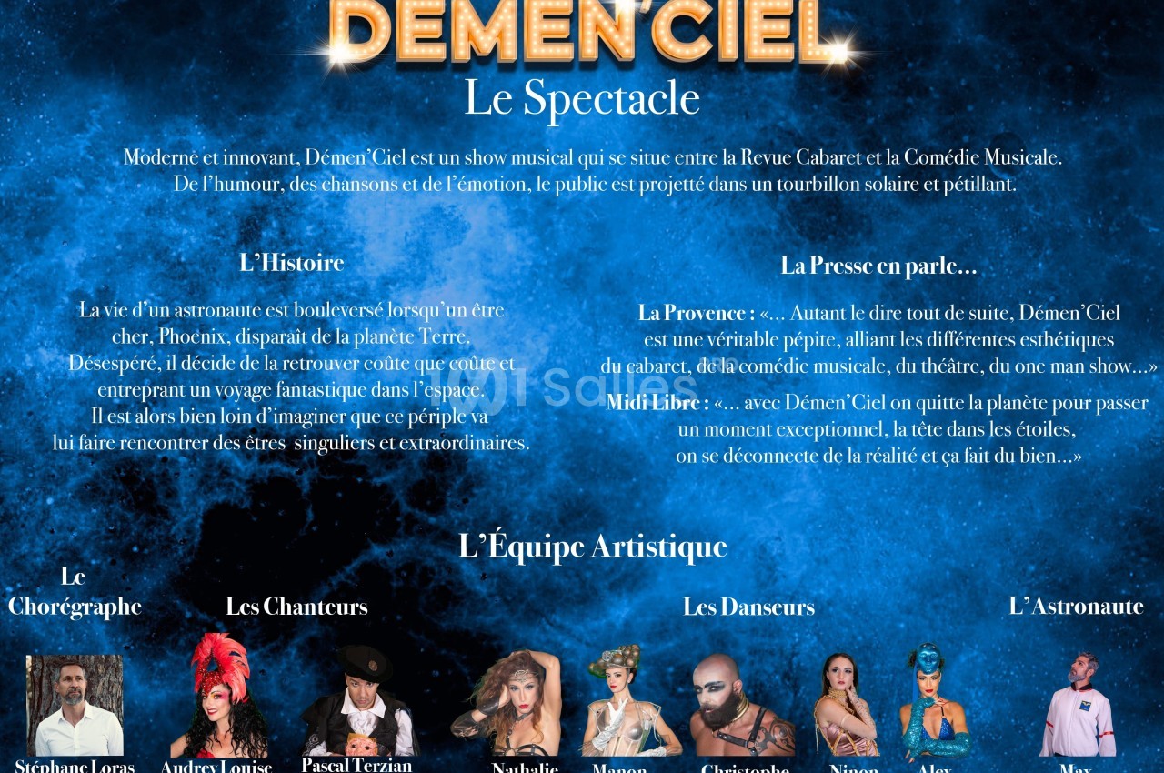 Affiche promotionnelle du spectacle ’Demen'Ciel’ avec présentation de l'histoire, des artistes et des critiques.