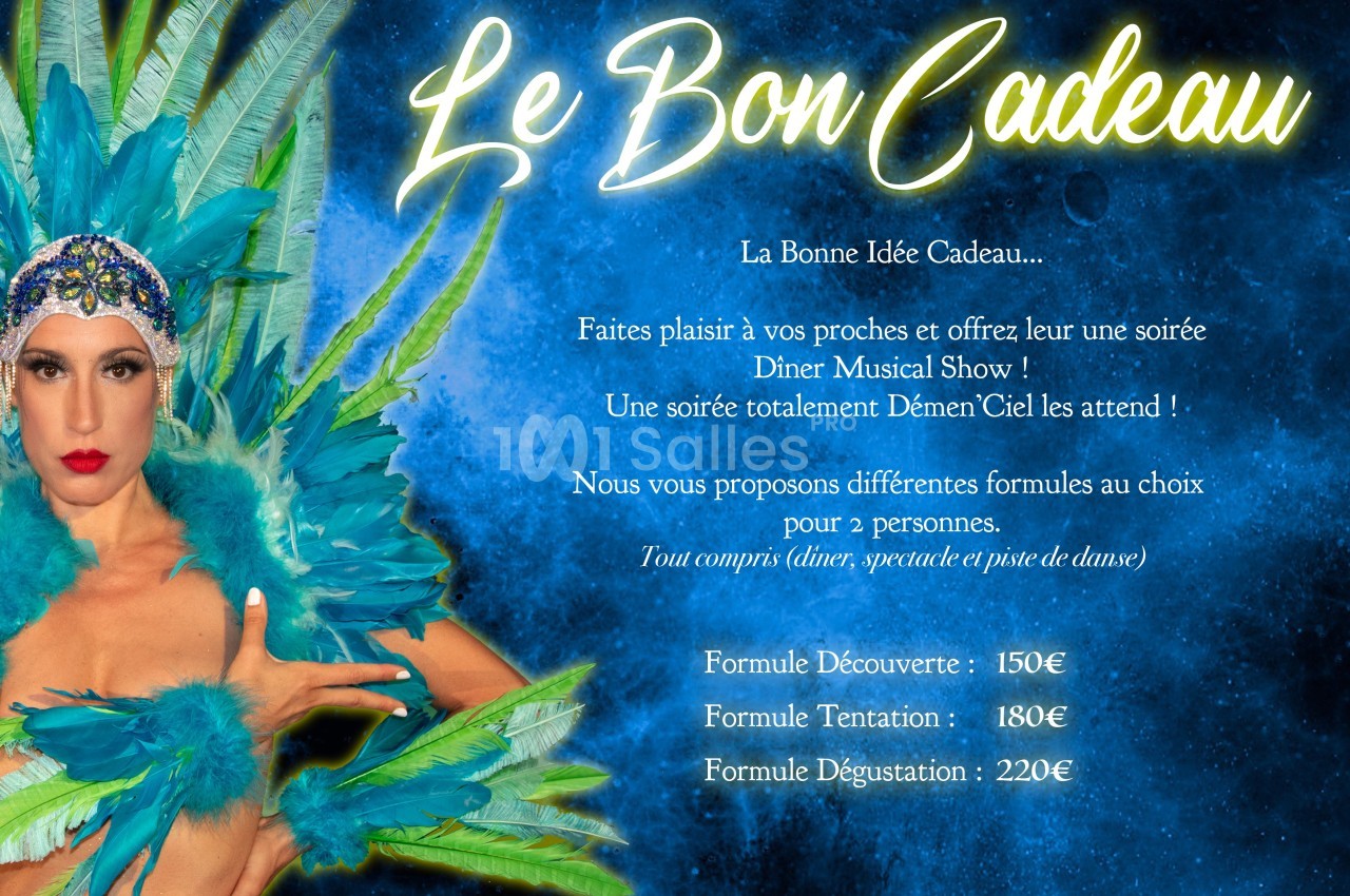 Danseuse en costume à plumes vertes devant un fond étoilé, texte présentant des formules de dîner-spectacle.