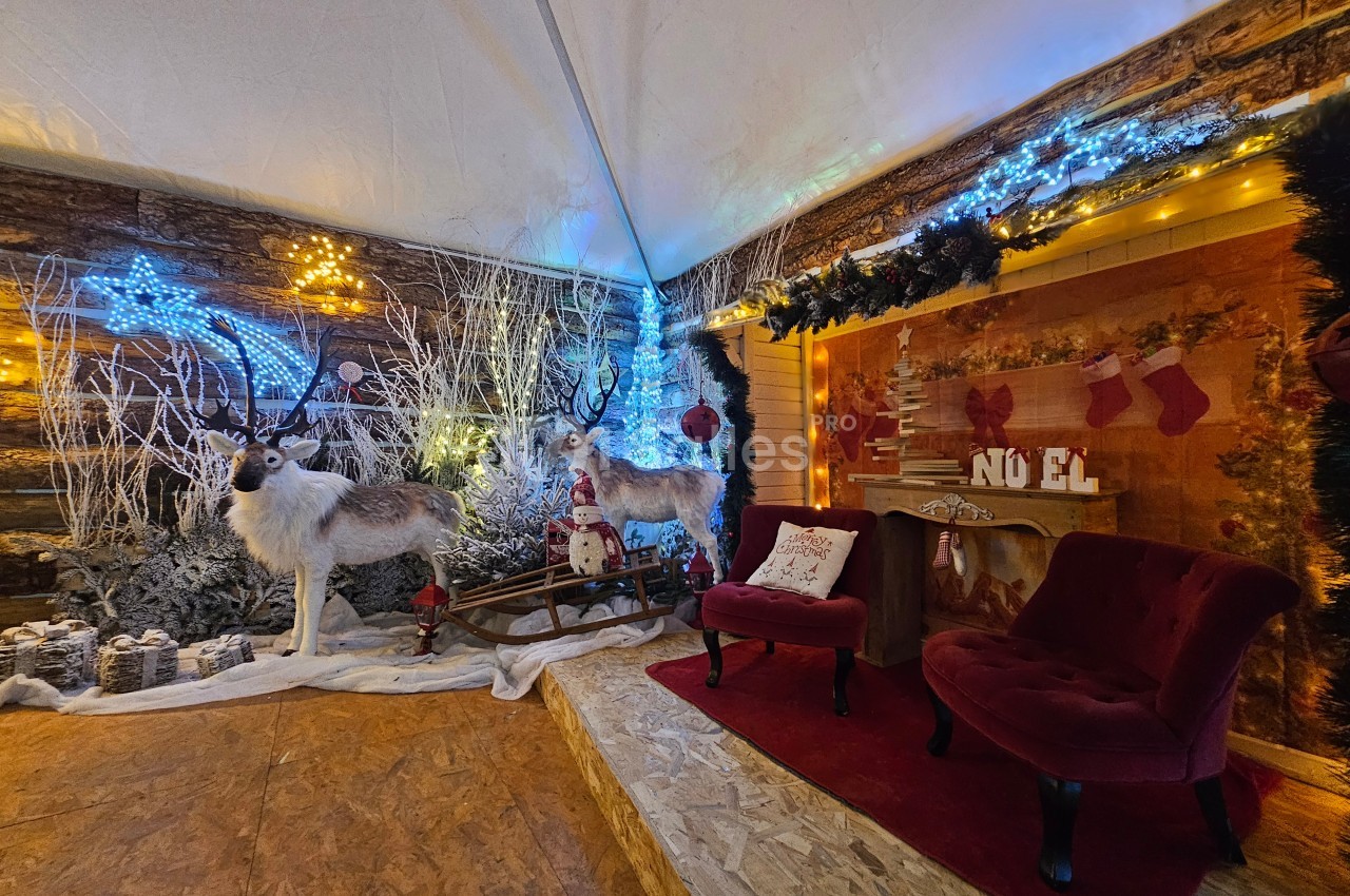 Décor de Noël avec rennes factices, traîneau, sapins enneigés, guirlandes lumineuses et fauteuils rouges.
