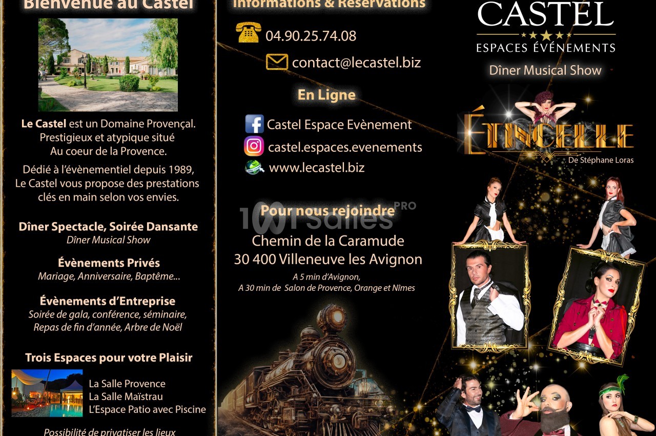 Brochure promotionnelle pour un domaine événementiel avec informations de contact, services proposés et visuels associés.