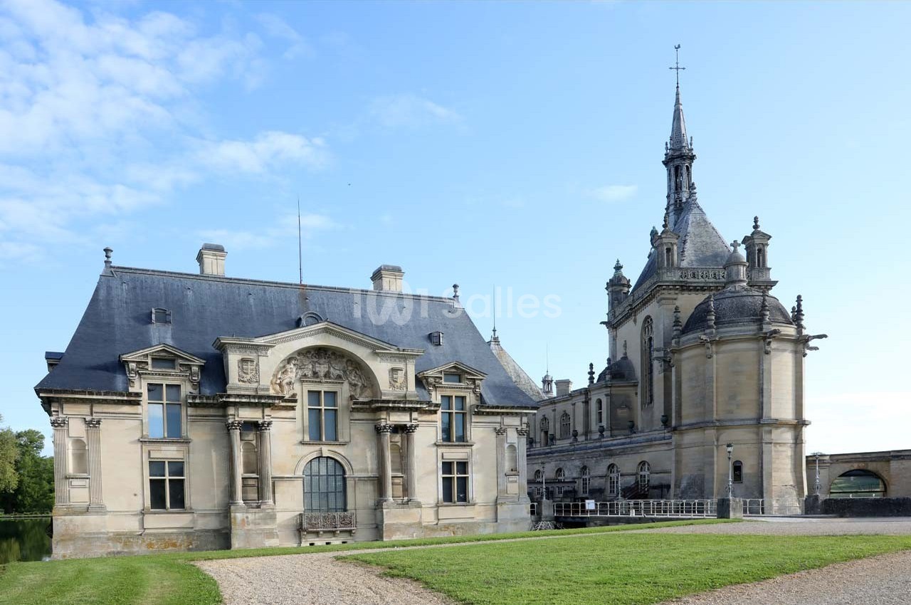 Façade d'un château historique en pierre avec une architecture détaillée, entouré de pelouse et d'un ciel dégagé.