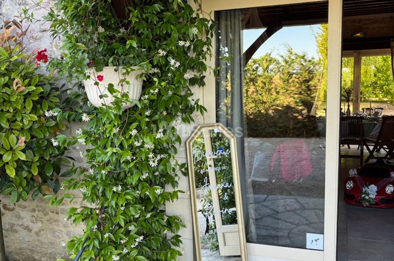 Plante grimpante fleurie sur un mur en pierre près d'une porte vitrée, avec un miroir posé à côté.