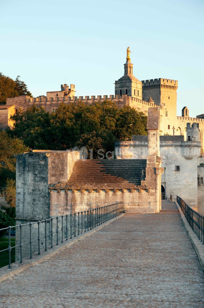 Vue d'un pont en pierre menant à une forteresse médiévale entourée de verdure, éclairée par une lumière douce.