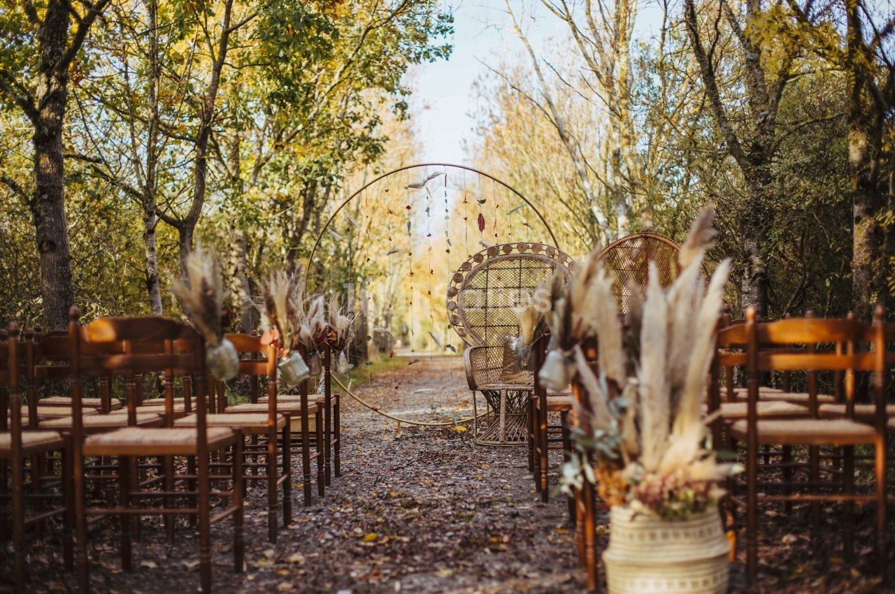 Allée de cérémonie en plein air décorée de chaises en bois, d'herbes séchées et d'une arche dorée dans un cadre boisé.