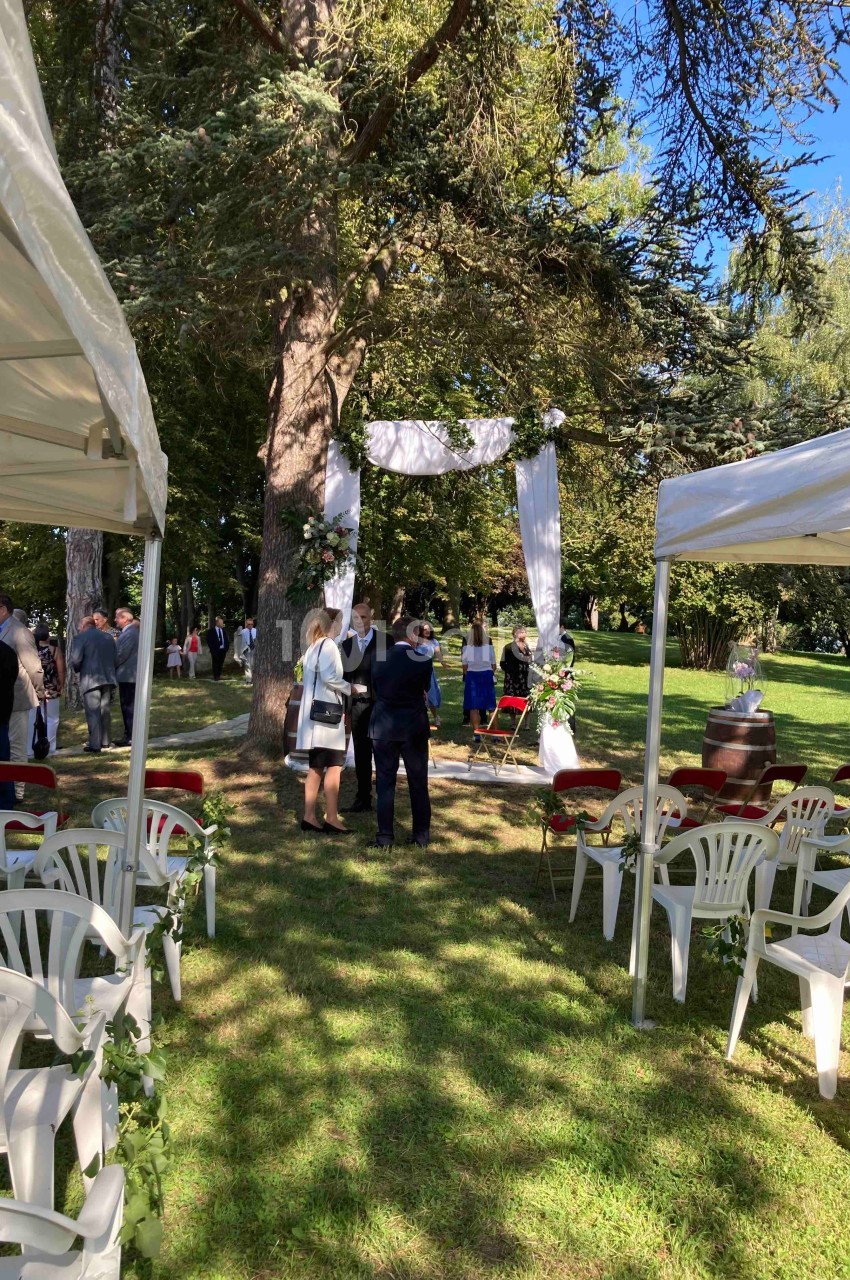 Cérémonie en plein air sous des arbres, avec des chaises blanches disposées et un arche décoré de tissu blanc.