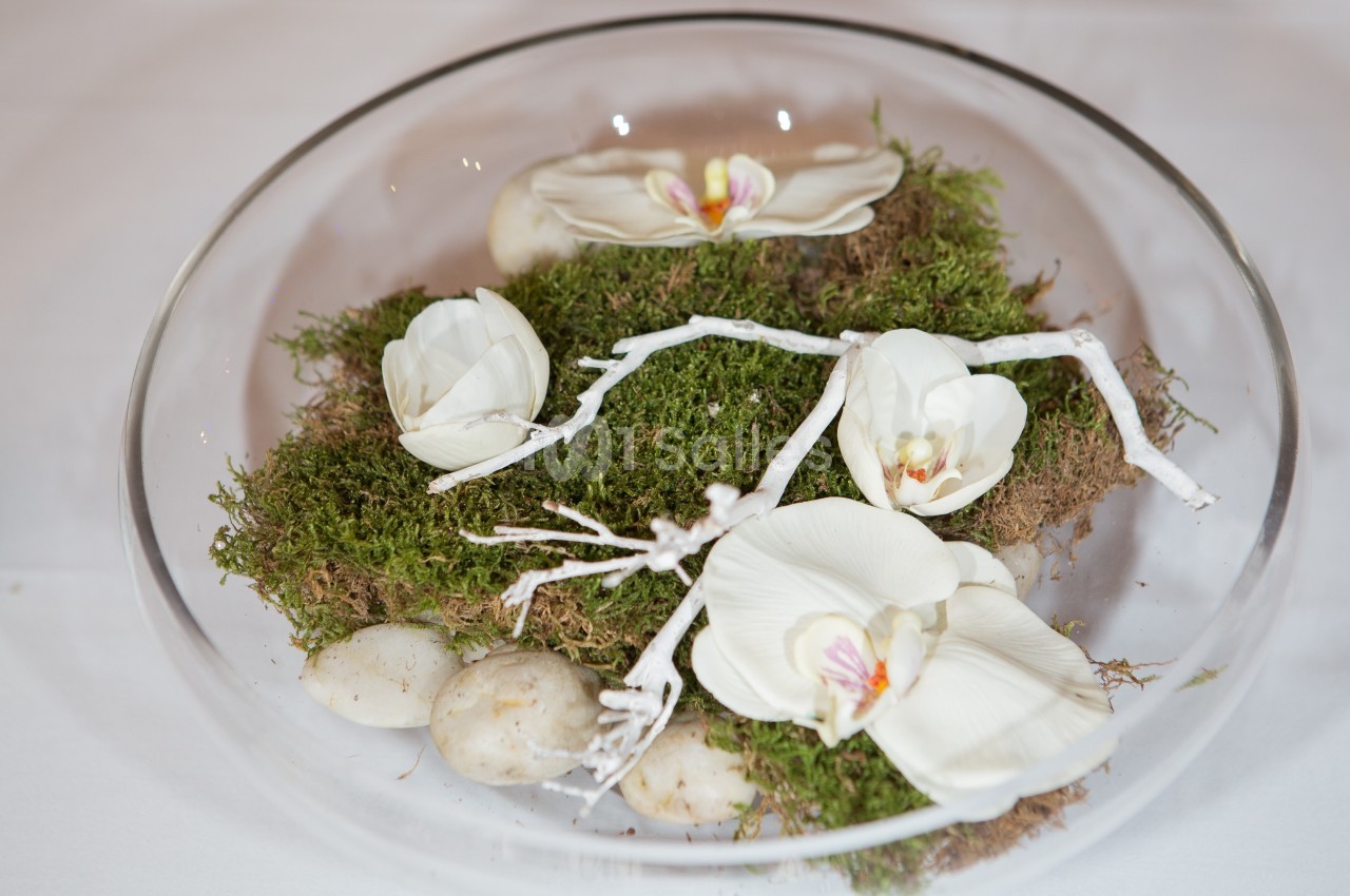 Composition florale avec des orchidées blanches, de la mousse, des branches blanches et des galets dans un récipient en…