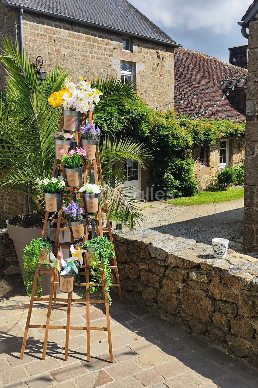 Échelle en bois décorée de pots de fleurs colorées devant une maison en pierre avec un ciel partiellement nuageux.