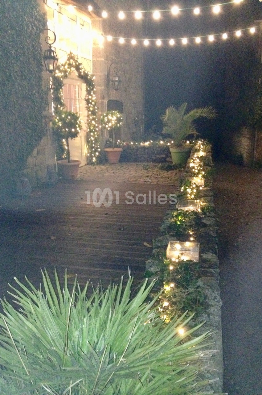 Guirlandes lumineuses décorant une entrée de maison en soirée, avec des plantes et un chemin bordé de lumière.