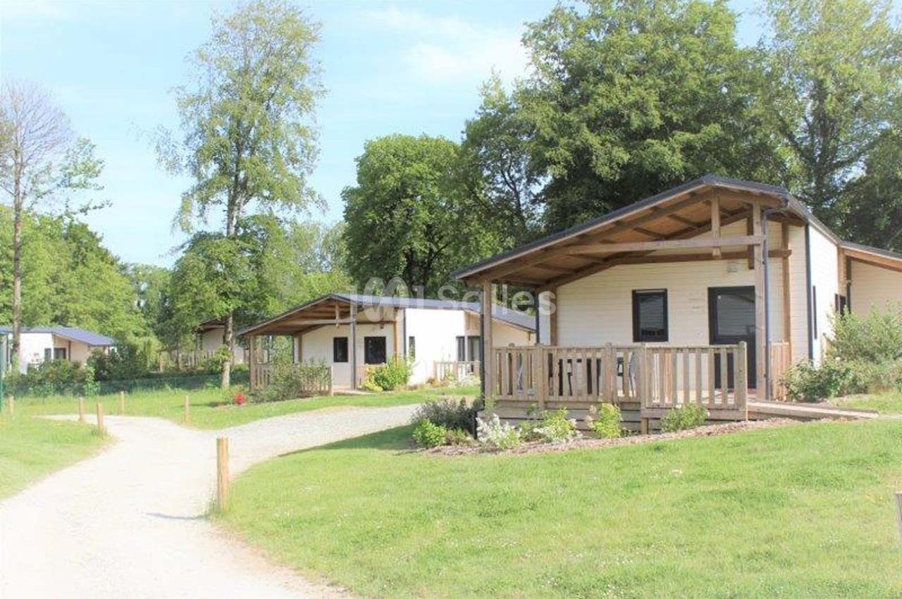 Chalets en bois avec terrasses, entourés de pelouses et d'arbres, dans un cadre naturel et ensoleillé.
