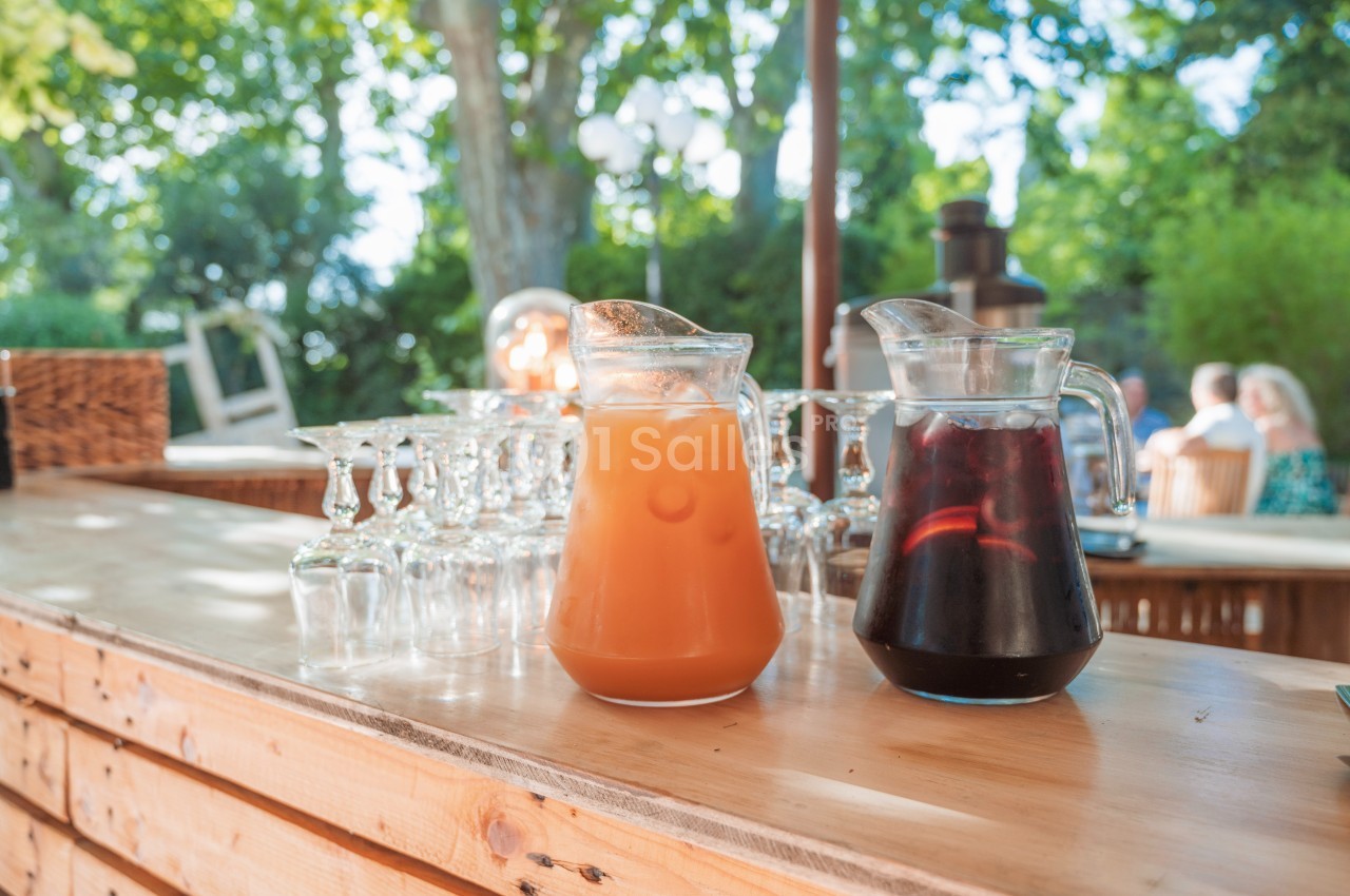 Deux carafes de jus, l'une orange et l'autre rouge, posées sur un comptoir en bois avec des verres à pied à côté.