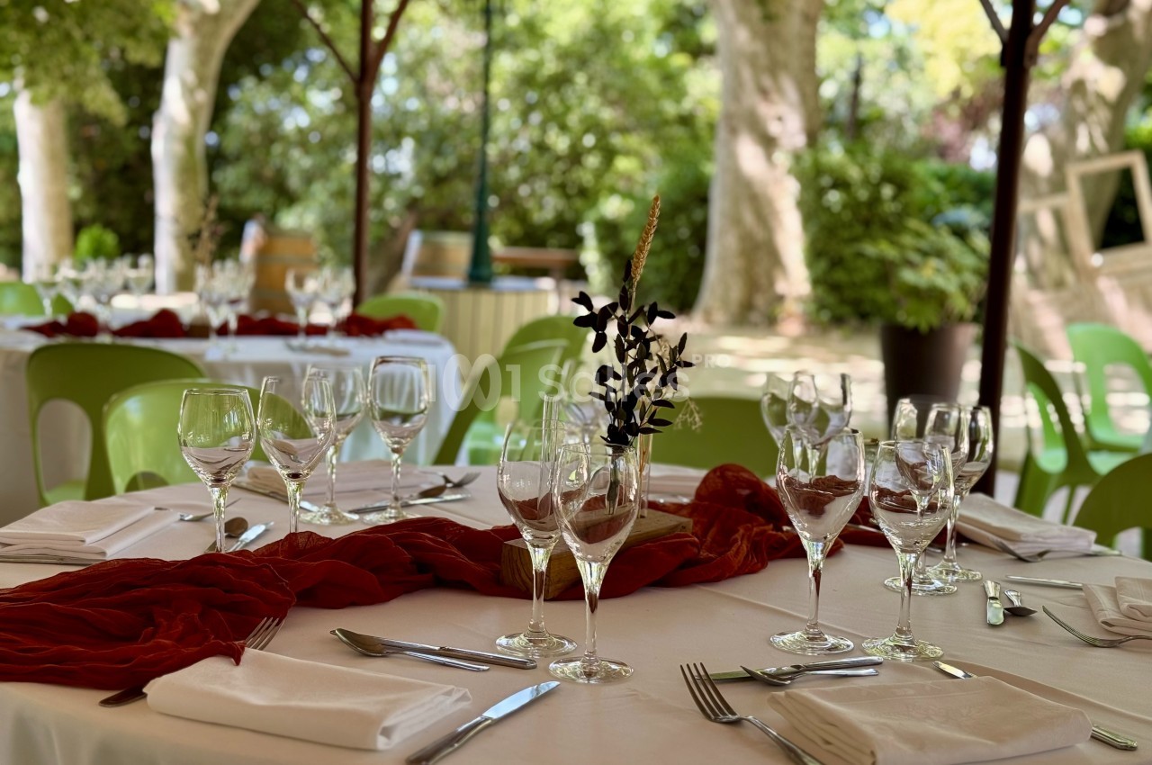 Table dressée en extérieur avec nappes blanches, serviettes pliées, verres et décoration florale, sous des arbres.