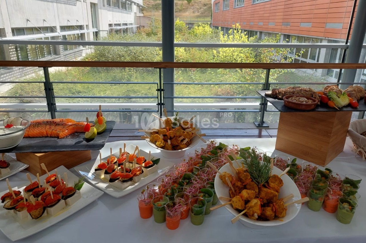 Buffet varié avec brochettes, verrines, saumon fumé et autres plats disposés sur une table près d'une baie vitrée.