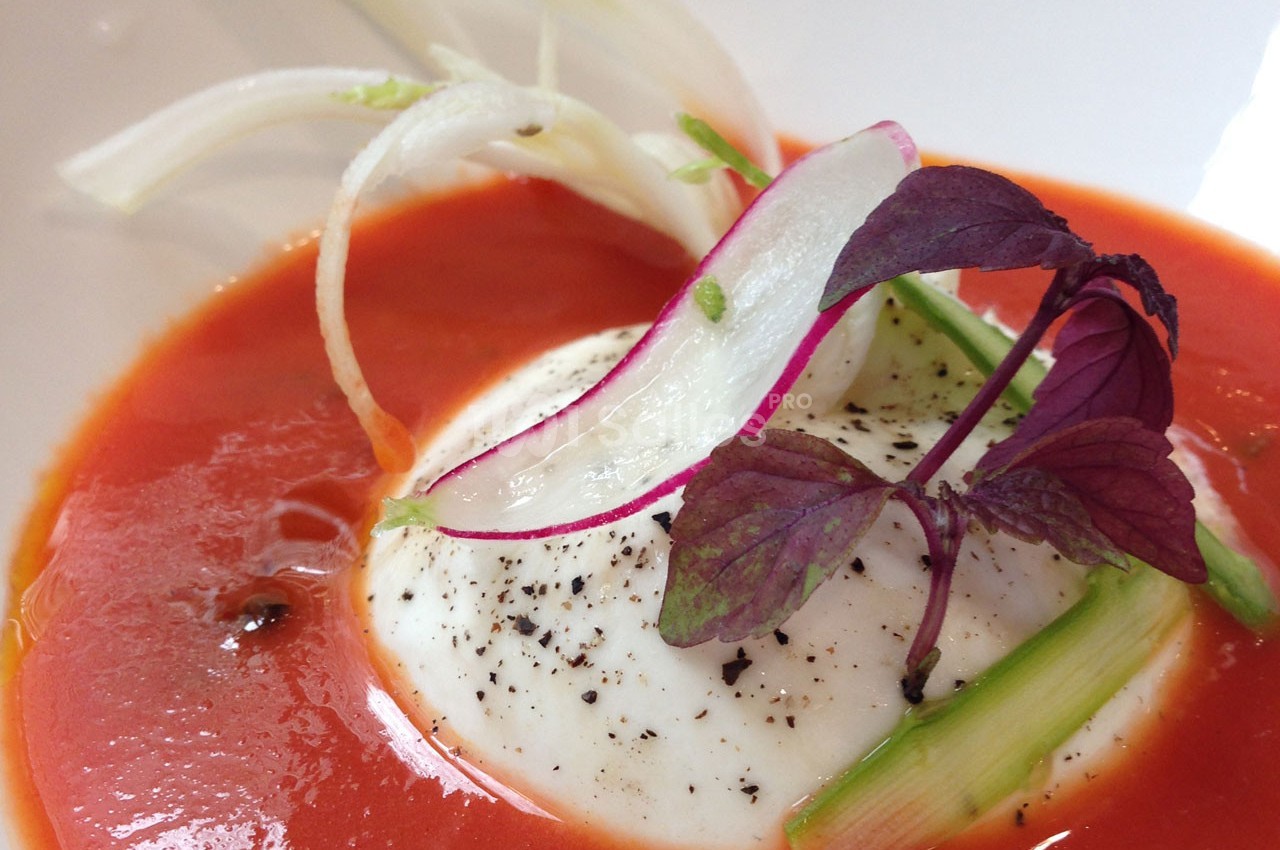 Burrata servie sur un coulis de tomate, garnie de radis, asperges, herbes fraîches et poivre moulu.