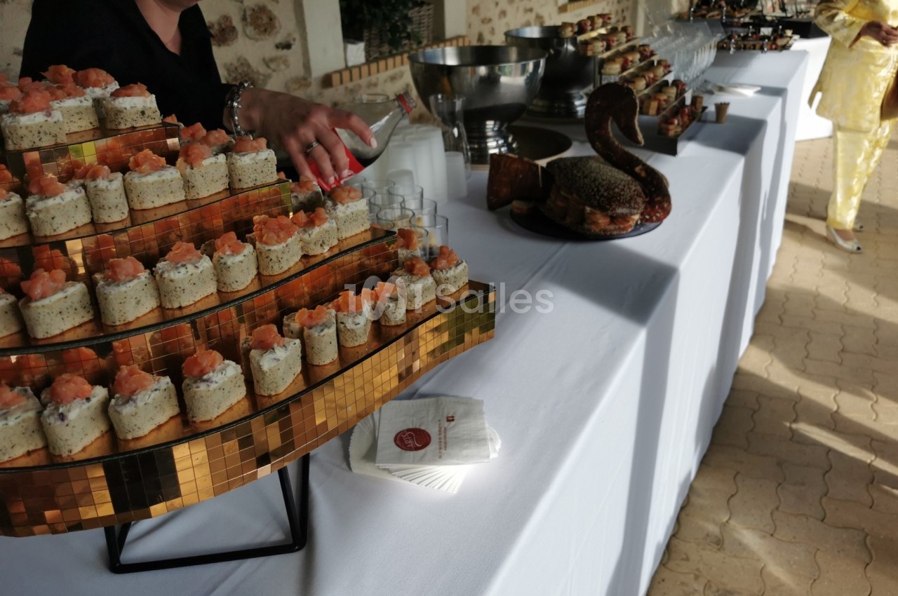Plateau de toasts au saumon et buffet garni sur une table blanche lors d'un événement en extérieur.