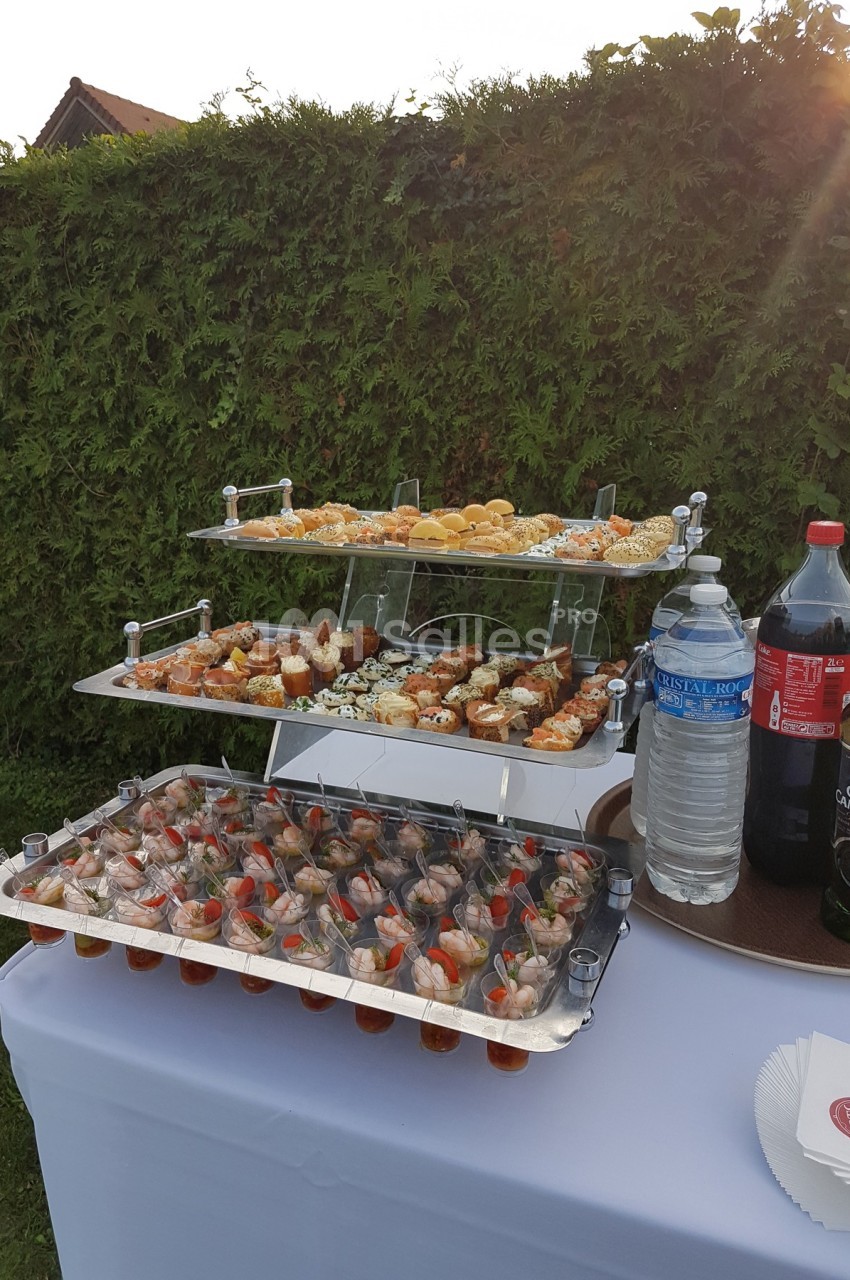 Plateau de verrines et amuse-bouches variés disposés sur une table en extérieur, avec des boissons à côté.