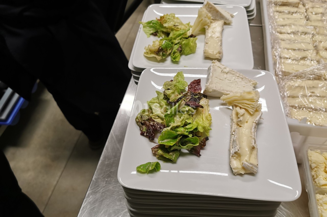 Assiette contenant une portion de salade verte et deux morceaux de fromage sur une table en inox.