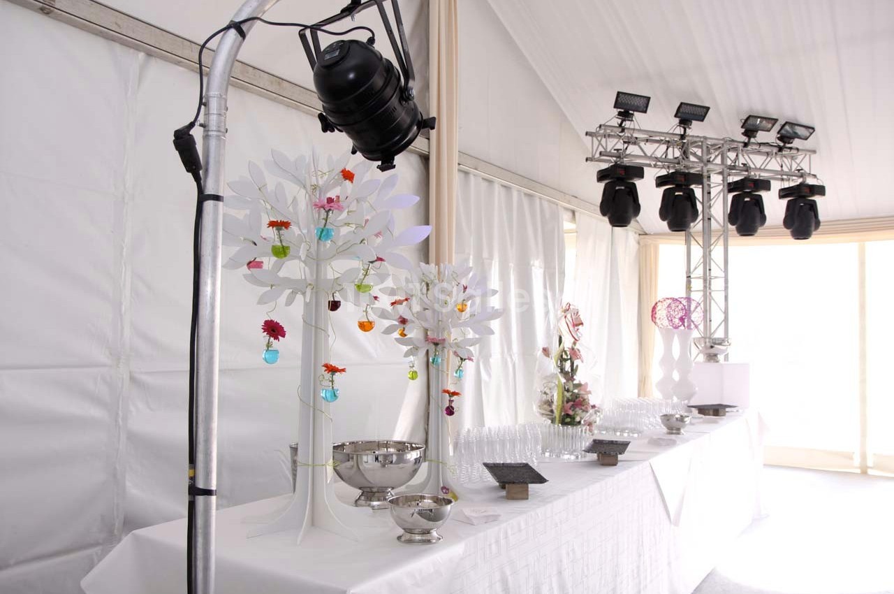 Table décorée avec des arbres blancs ornés de fleurs colorées, vaisselle argentée et verres alignés sous un éclairage.