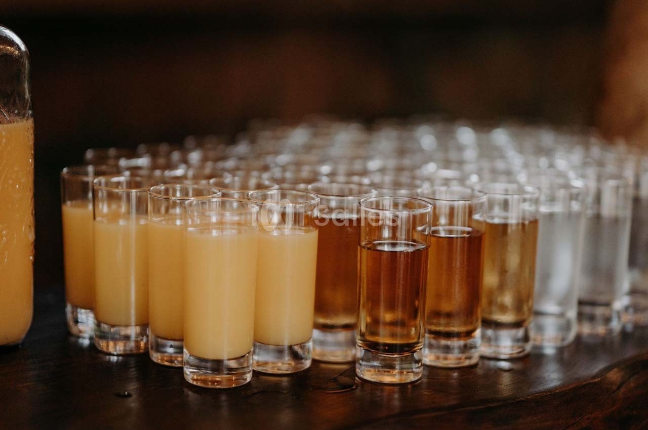 Verres alignés contenant différents liquides, dont du jus orange, une boisson ambrée et de l'eau, sur une table en bois.