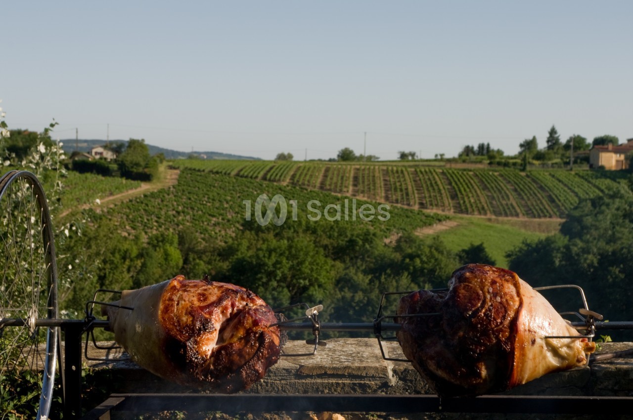 Deux morceaux de viande rôtissent sur une broche devant un paysage de vignobles sous un ciel dégagé.