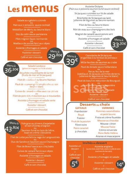 Image d'une carte de menus de restaurant présentant différentes formules, plats, desserts et prix.