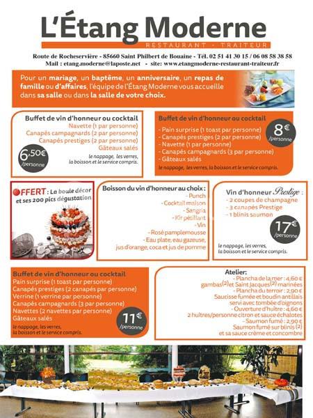 Menu de prestations pour événements avec buffets, cocktails et options de repas proposés par un restaurant-traiteur.