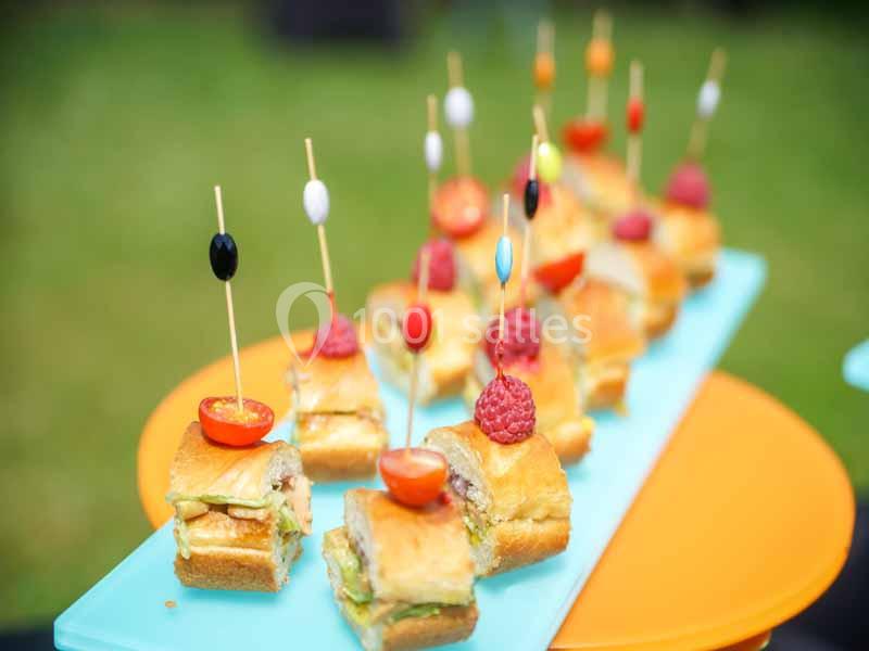 Assortiment de mini-sandwichs sur des plateaux colorés, garnis de fruits et légumes, avec des pics décoratifs.
