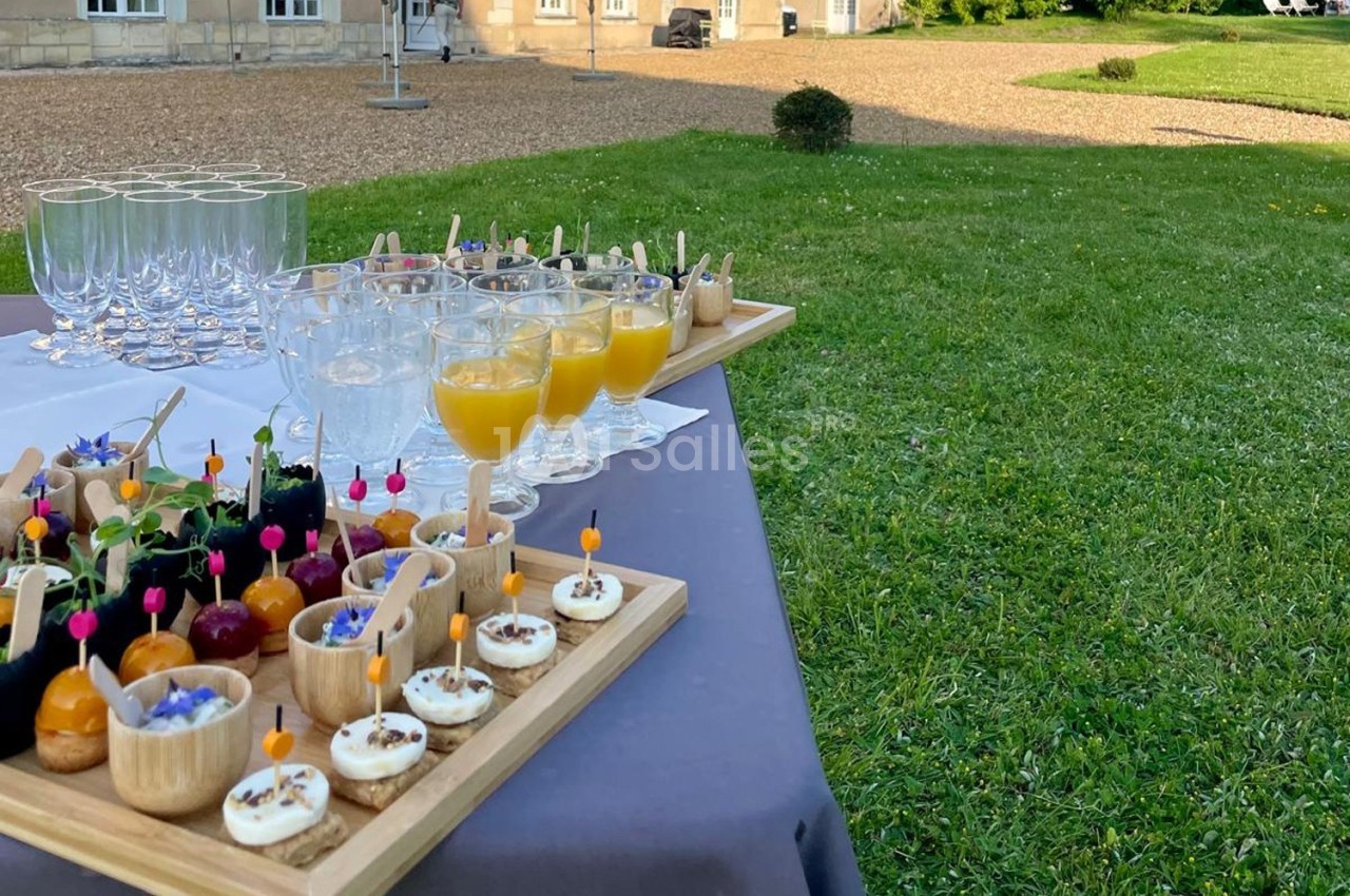 Plateaux de bouchées apéritives et verres de jus disposés sur une table en extérieur, près d'une pelouse et d'un bâtiment.