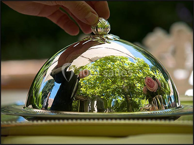 Une main soulève un couvercle en métal réfléchissant, révélant un reflet d'arbres et de fleurs.