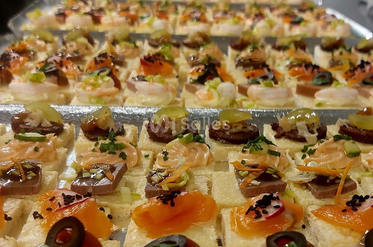 Plateau de canapés variés garnis de saumon, crevettes, olives et herbes, disposés en rangées sur une table.