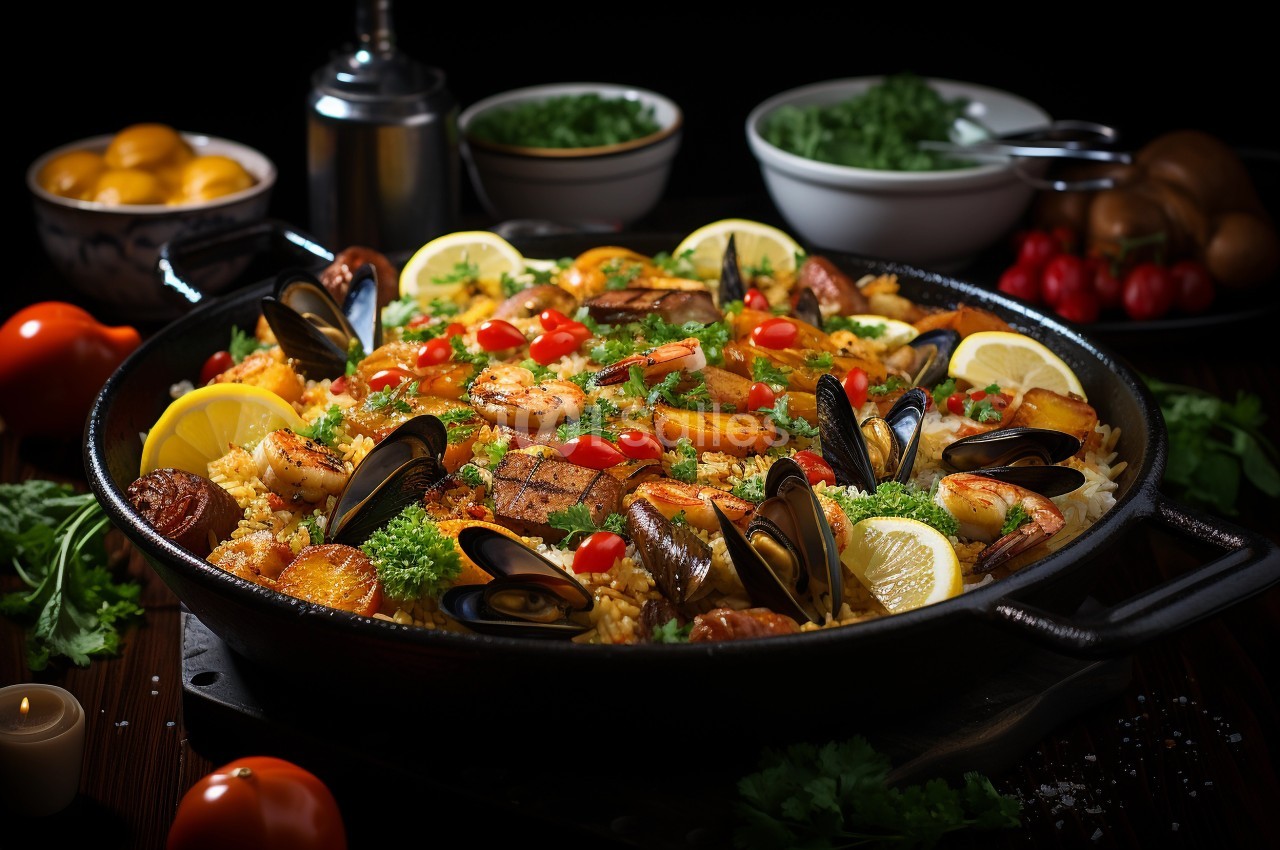 Plat de paella aux fruits de mer avec moules, crevettes, rondelles de citron et légumes, présenté dans une poêle.
